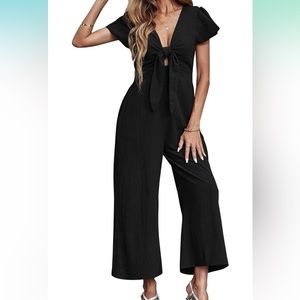 Short Sleeve Wide Leg Jumpsuit with Tie Knot in Black